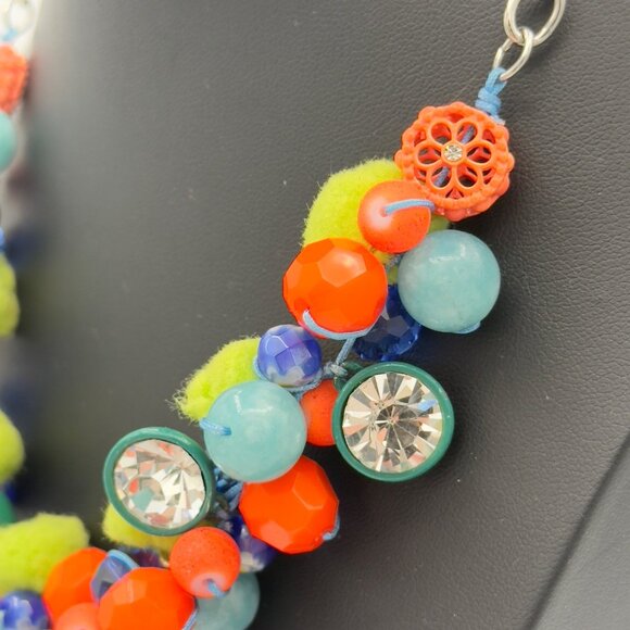 Bright Colorful Beaded Pom Pom Cha Cha Necklace Orange Green Blue Rhinestones - Picture 4 of 13